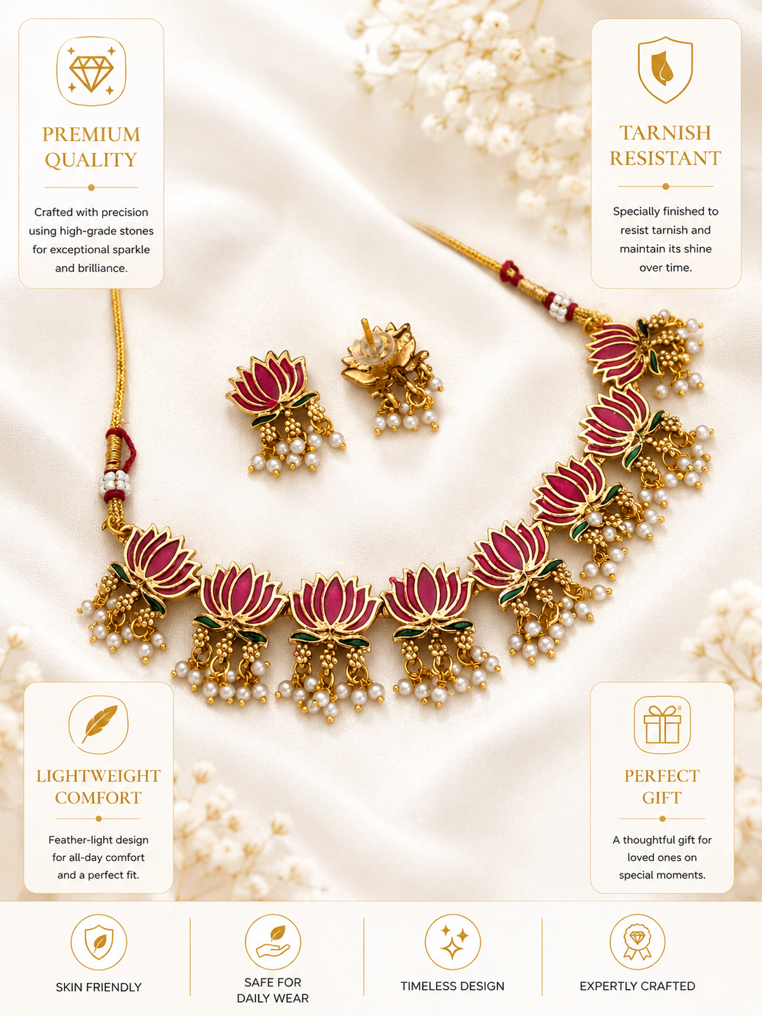 Antique lotus necklace set with matching earrings, gold plated - Abdesigns