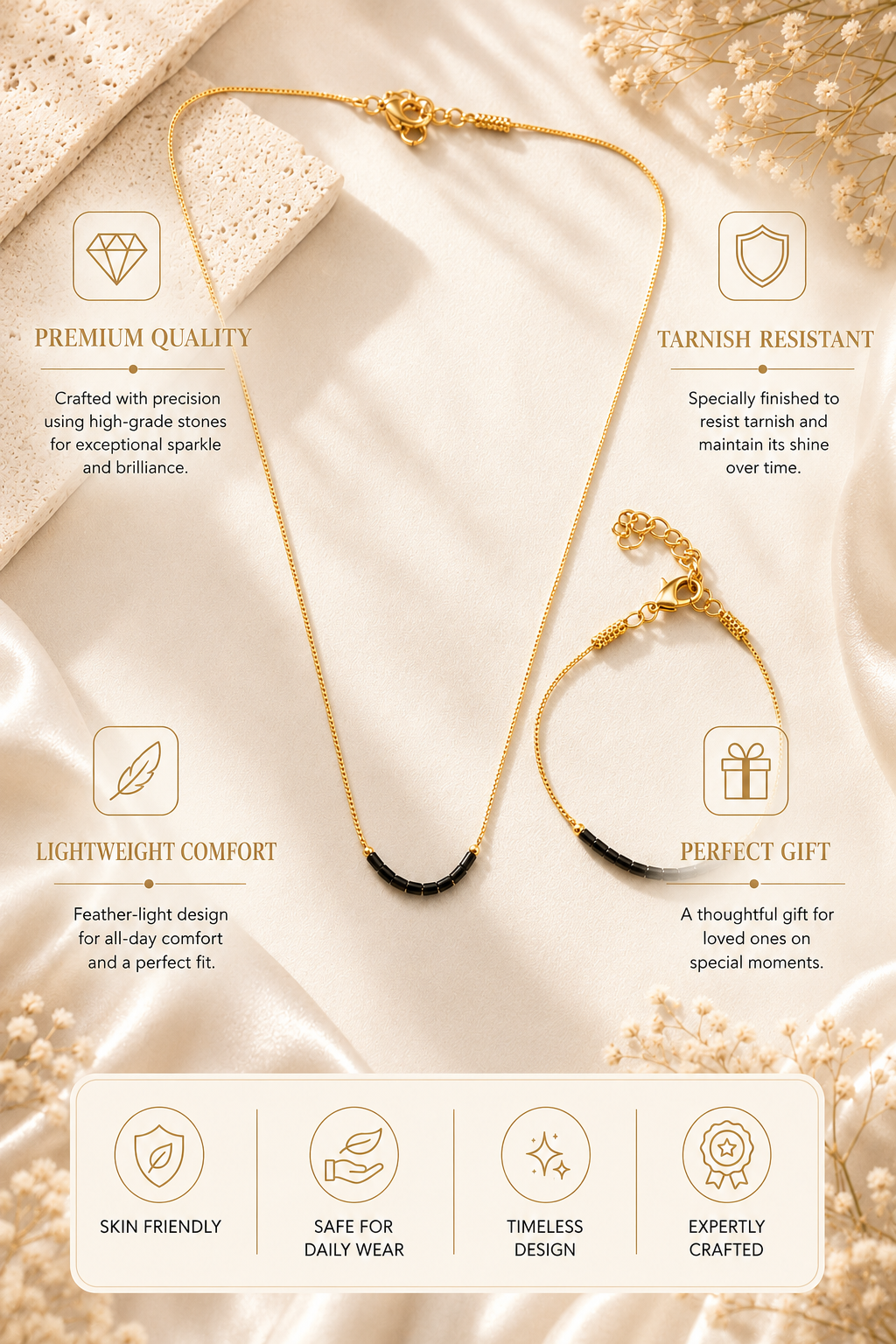 Gold Plated Minimal Black Beads Necklace Bracelet Set