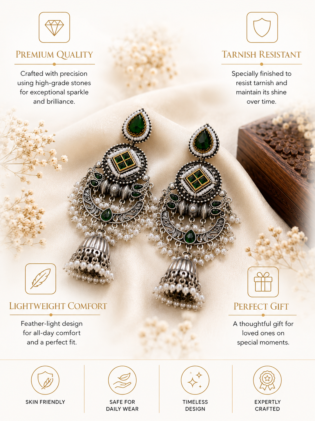 Oxidised Silver Green Stone Jhumka Earrings – Festive | Abdesigns
