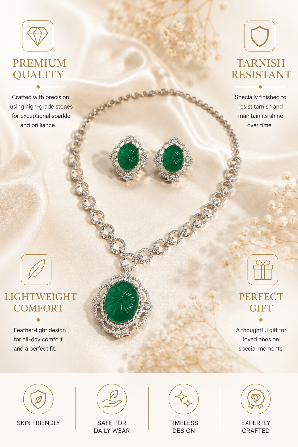 Silver Plated Pendant Necklace Set – Emerald Elegance | Abdesigns
