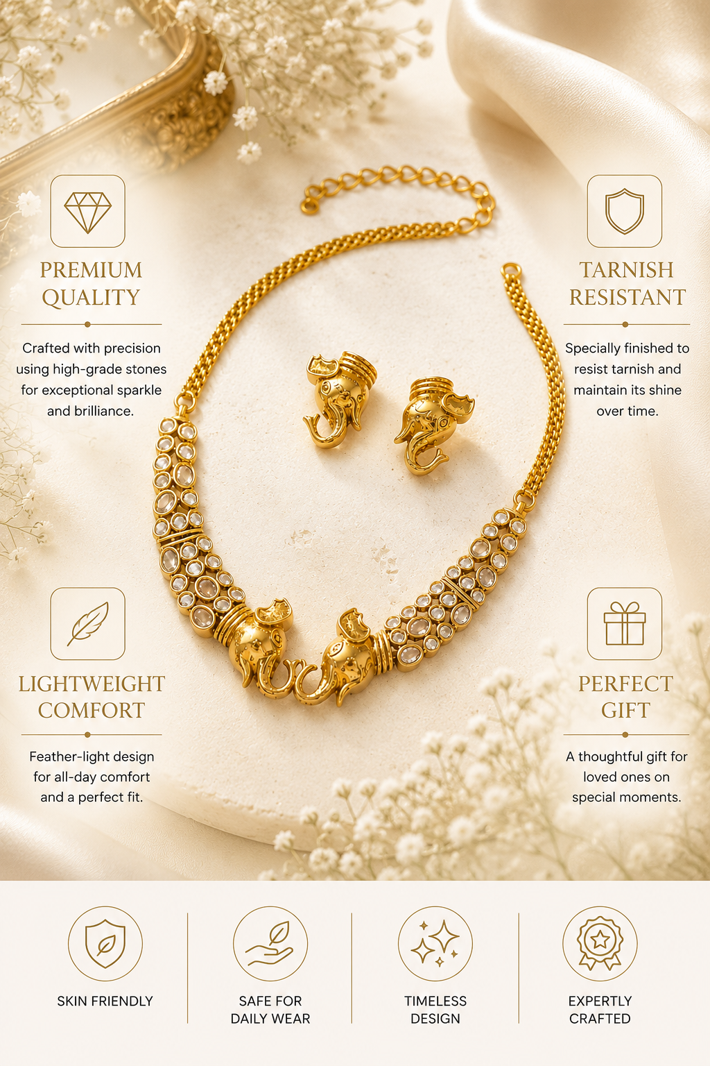 Gold Plating Elephant Necklace Set | Abdesigns