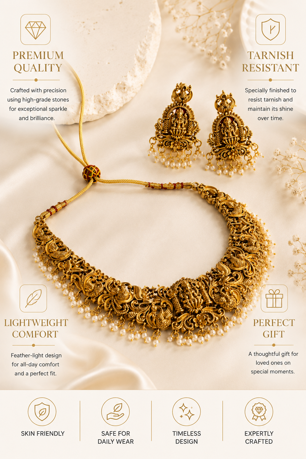 Lakshmi Temple Necklace Set in Gold Plating | Abdesigns
