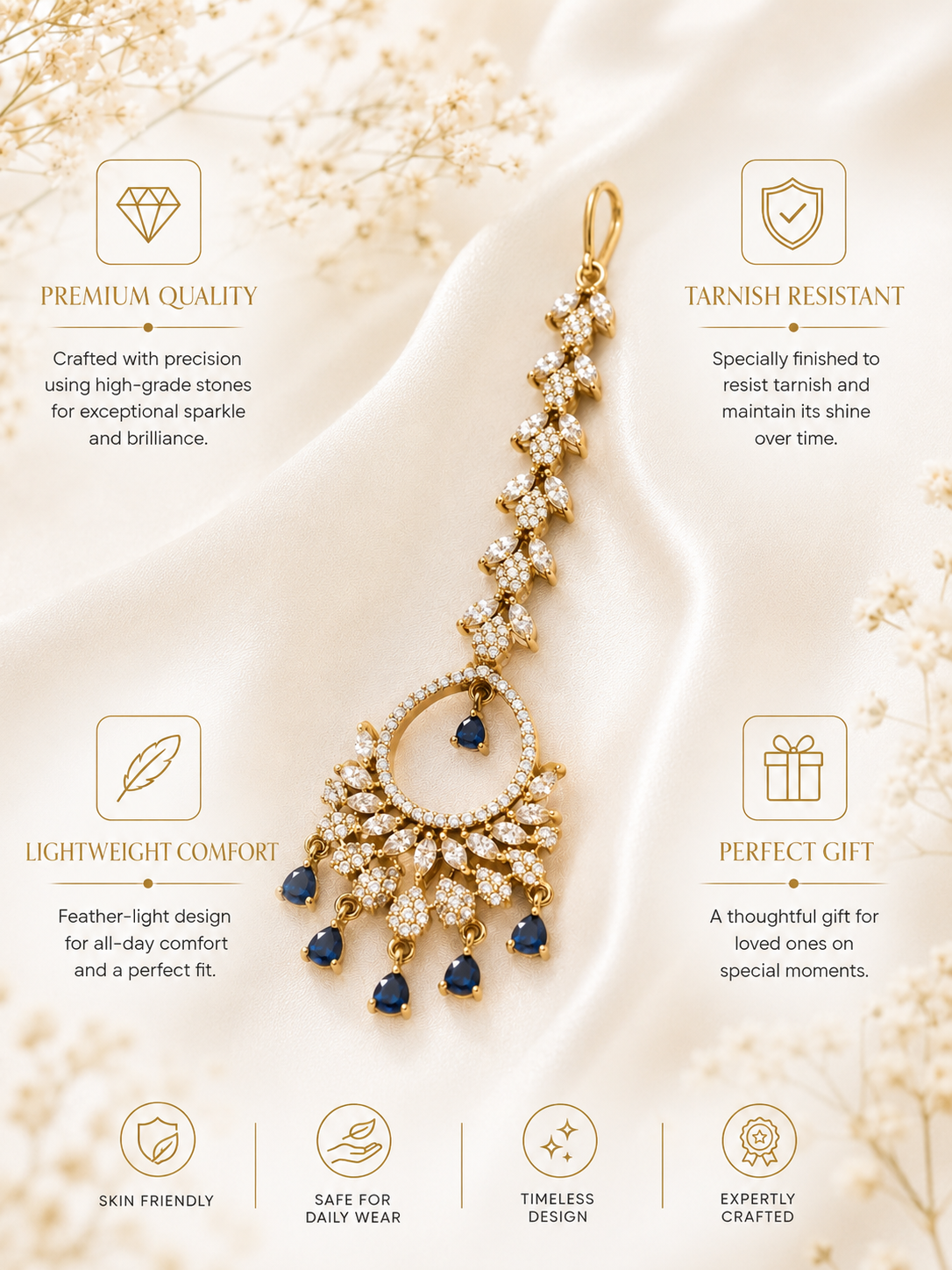 Floral Victorian Oxidised Gold Plated American Diamond Cz Maangtikka