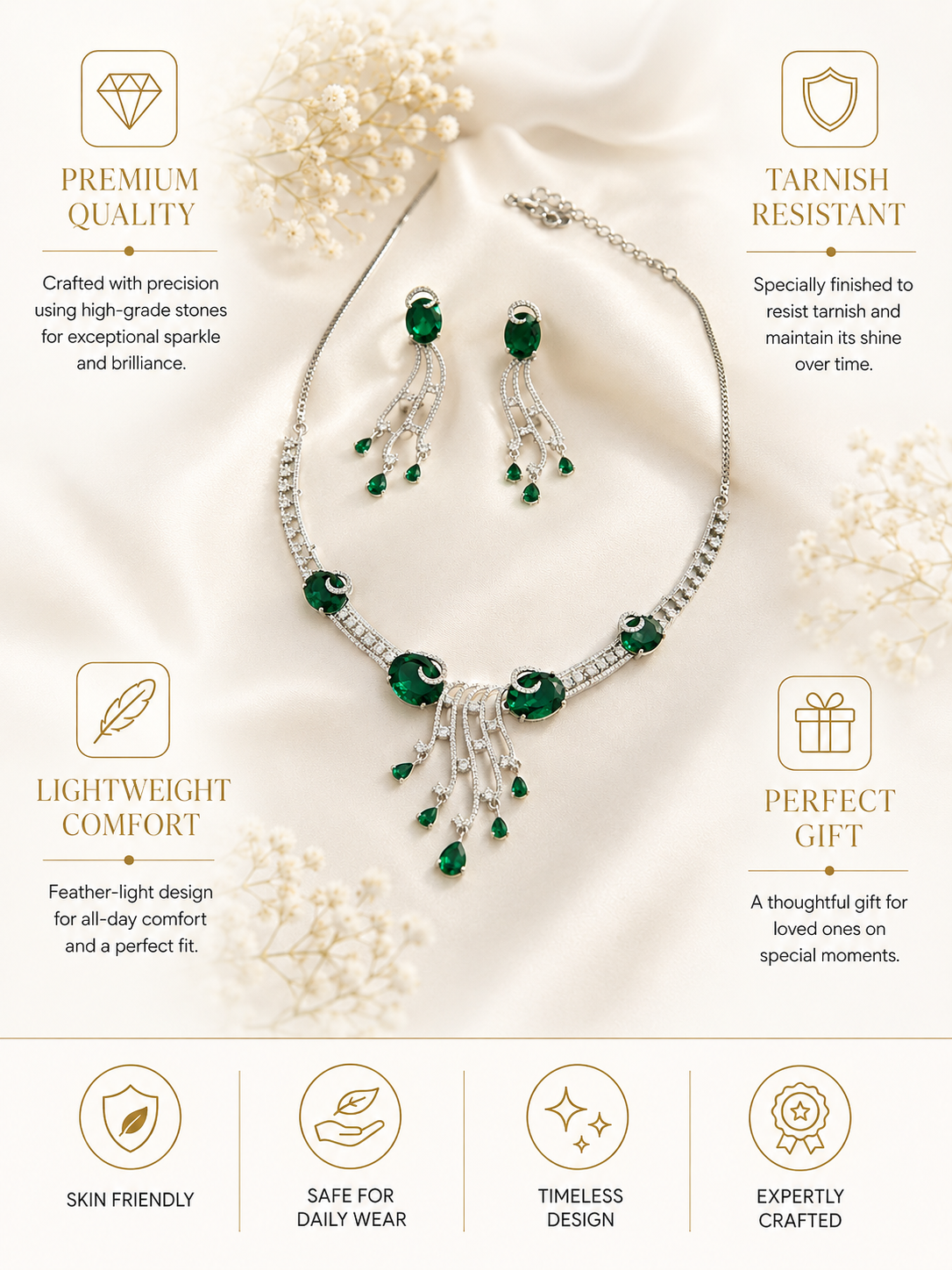 Silver Tone Cz Emerald Ruby American Diamond Necklace Set | Abdesigns