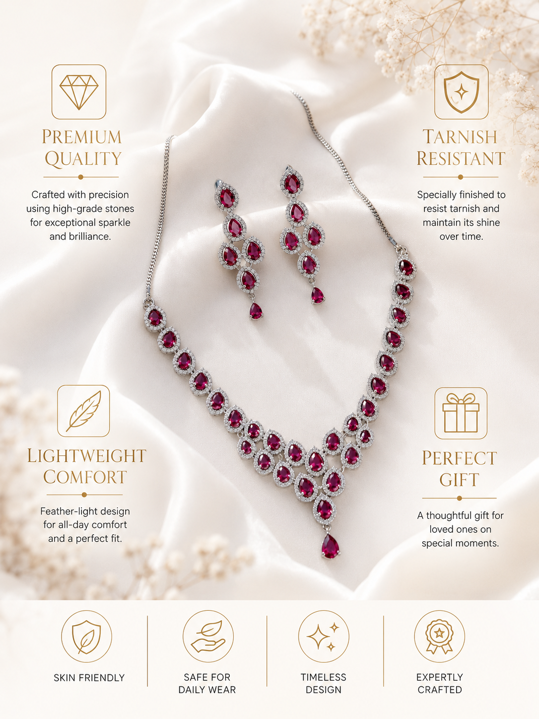 Silver Tone Cz Ruby Necklace Set Elegant Glam | Abdesigns