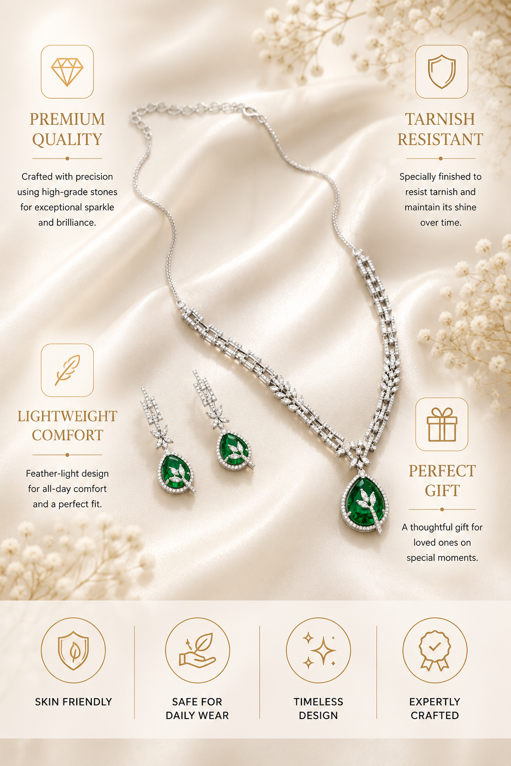 Silver Tone Floral Ruby Necklace Set Elegant Glam | Abdesigns