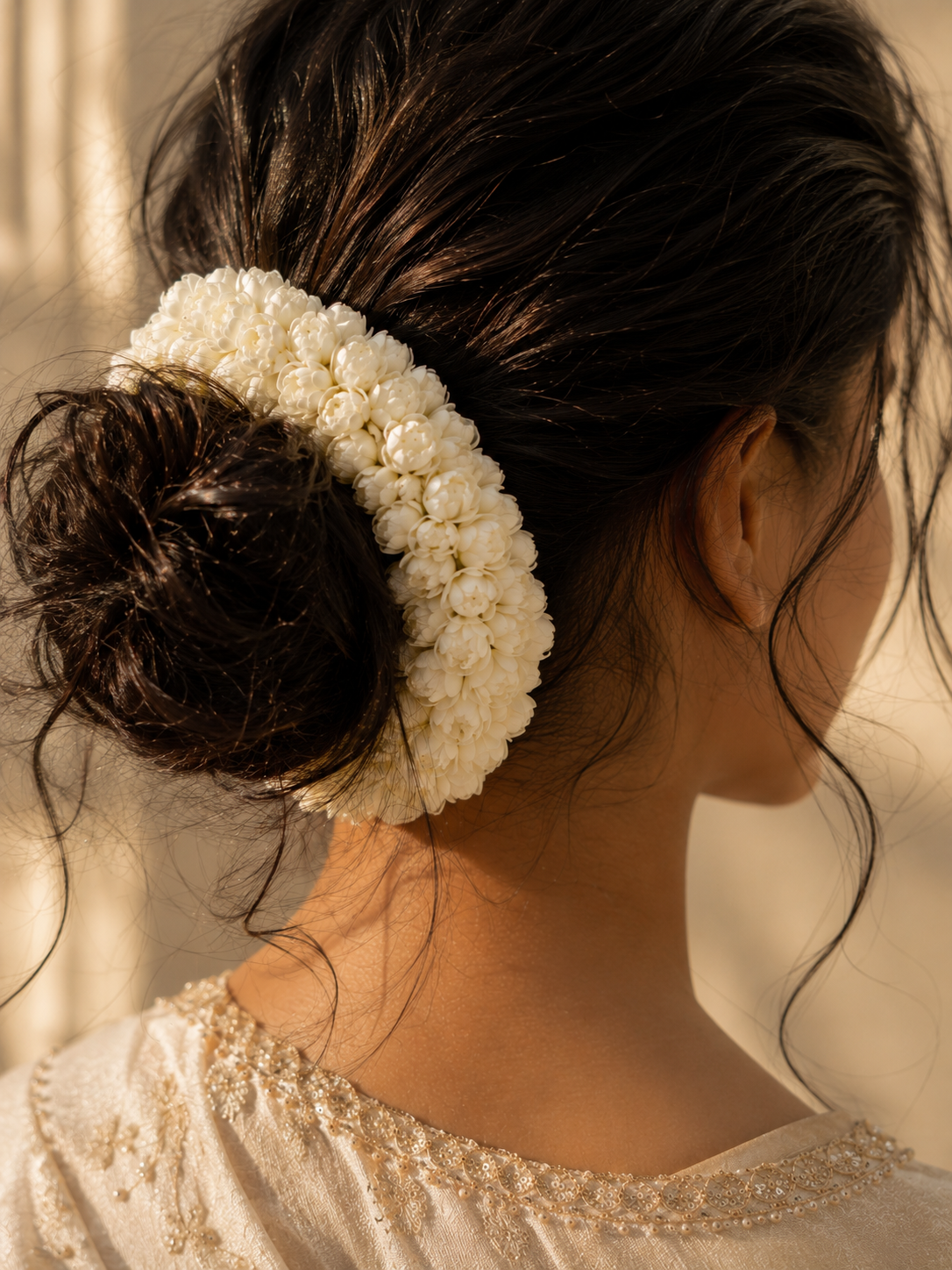 Artificial Mogra Gajra in Floral Fabric – Hair Bun | Abdesigns