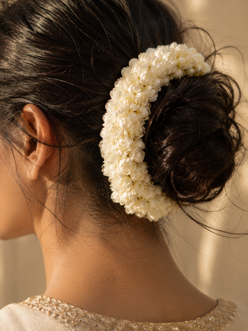 Artificial Mogra Gajra in Floral Fabric – Hair Bun | Abdesigns