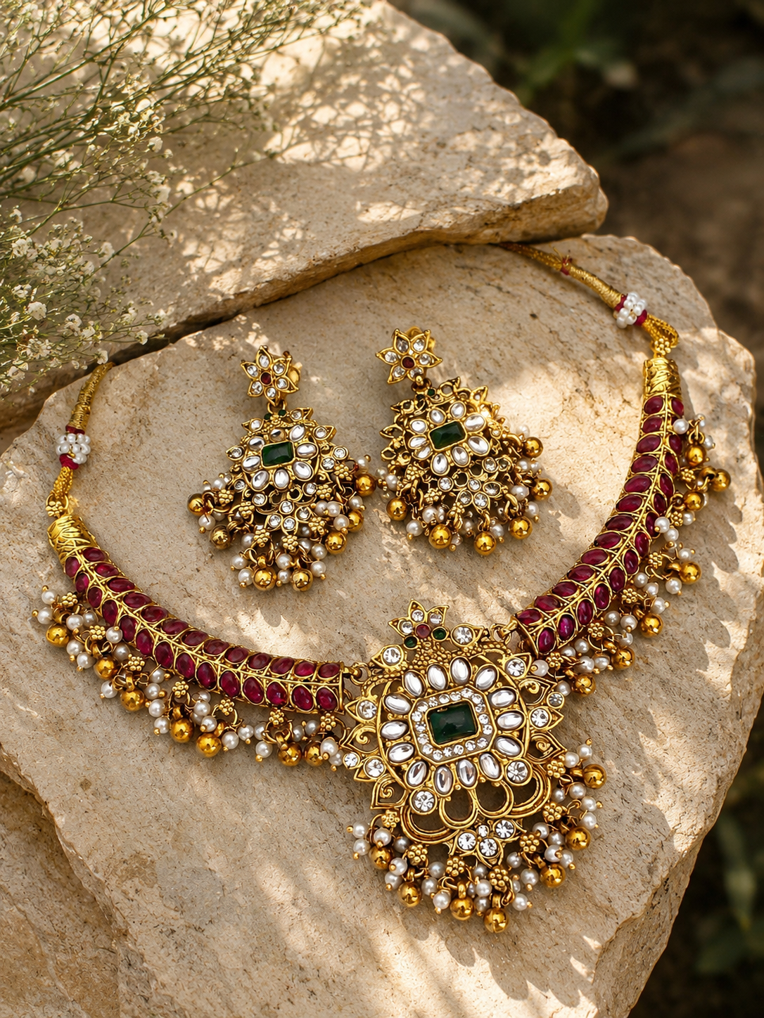 Traditional Kundan Choker Necklace Set with Earrings & Pearl Drops
