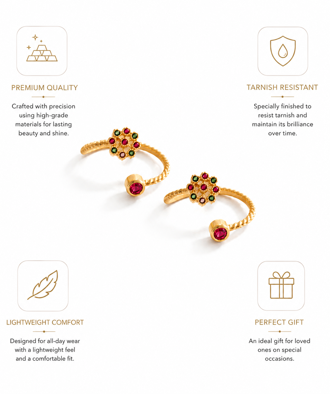 Gold Plated Floral Toe Ring Pair with Multicolor Stones