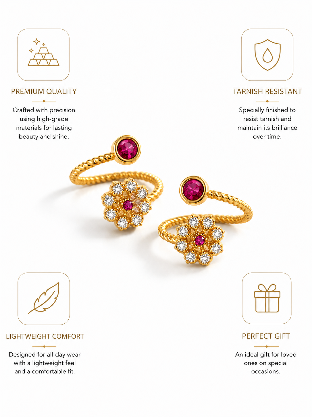 Adjustable Gold Plated Toe Ring with Pink Stone