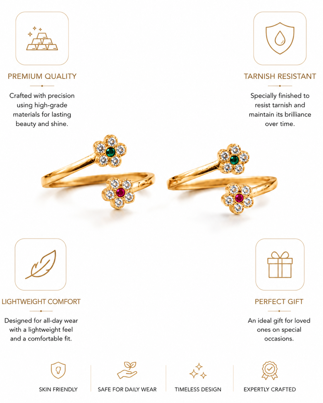 Gold Plated Floral Toe Ring Pair with Multicolor CZ Stones