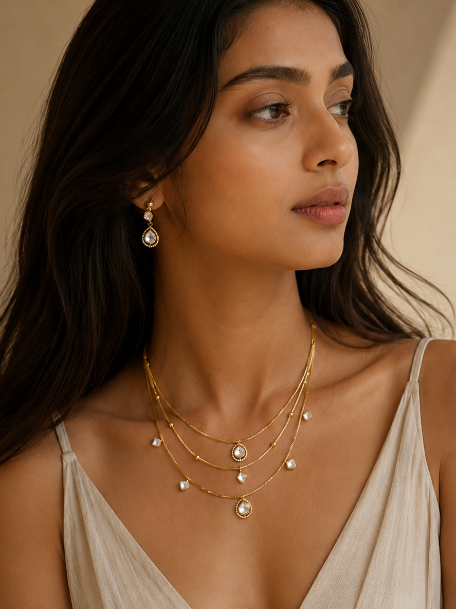 Abdesigns Multi Layer Gold Plated Necklace Set with Kundan Drops & Earrings