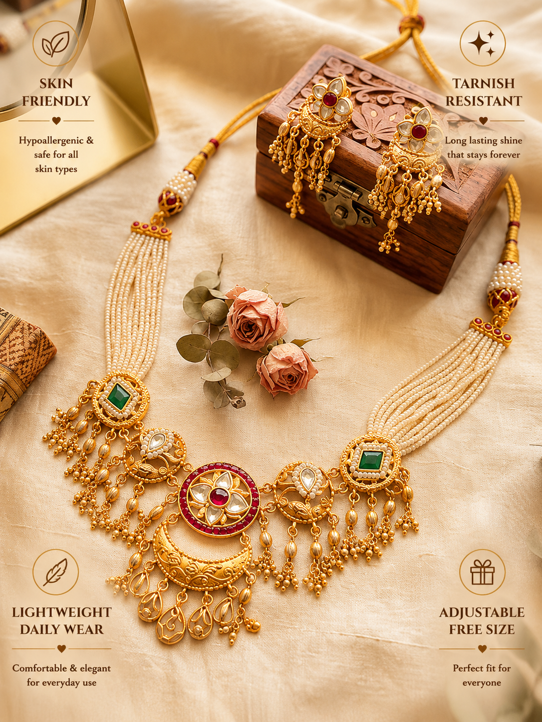 Jadau Lotus Motifs With Bead Pearl Drops Necklace Set - necklace by Abdesigns Jewellery