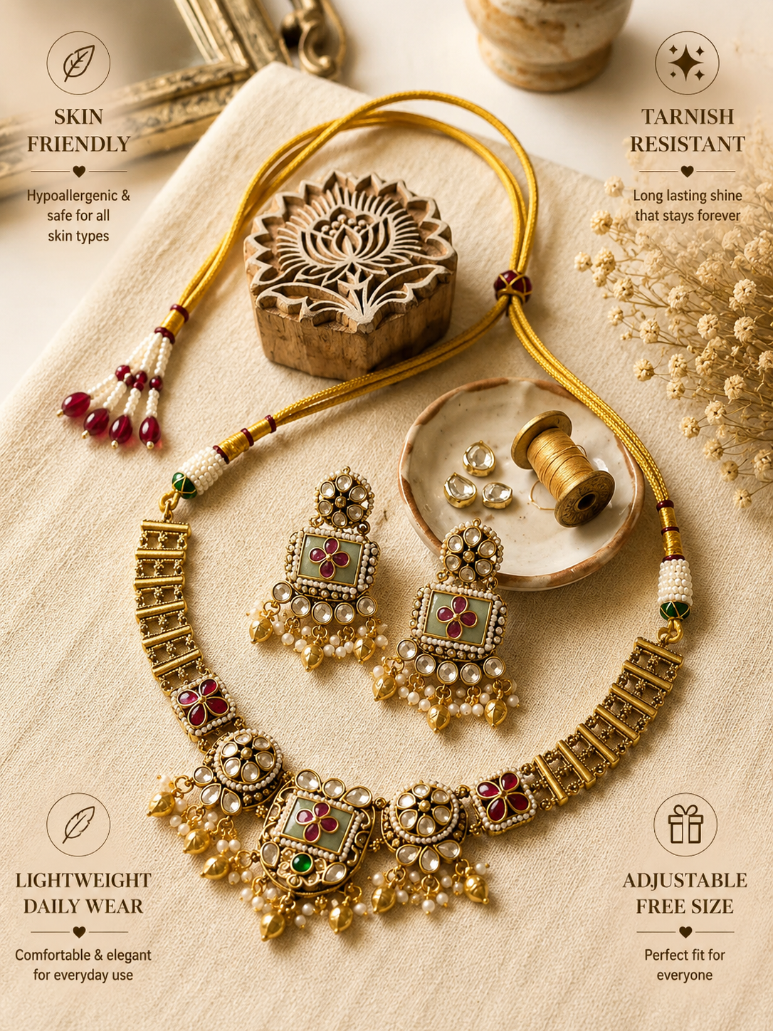 Gold Floral Polki Necklace Set - necklace by Abdesigns Jewellery