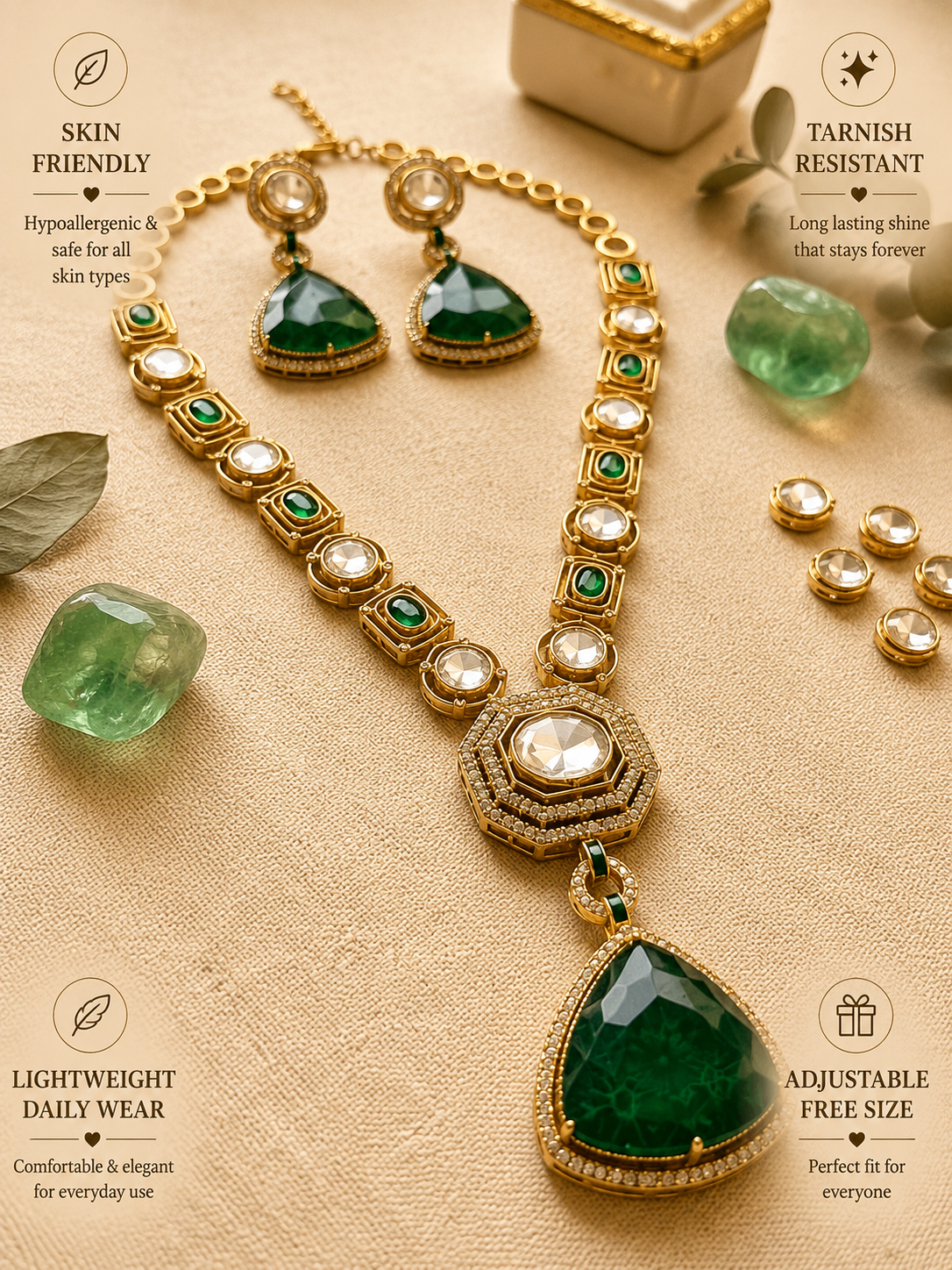 Emerald Green Long Polki Necklace Set - necklace by Abdesigns Jewellery