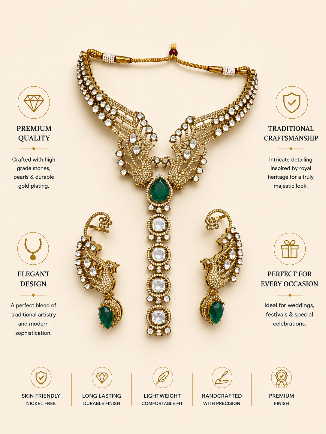 Peacock Design Kundan Necklace Set with Green Stone - necklace by Abdesigns Jewellery