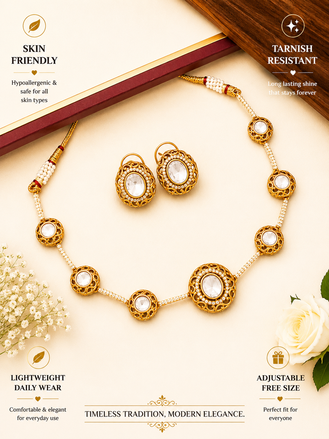 Gold Plated Polki Necklace Set - necklace by Abdesigns Jewellery