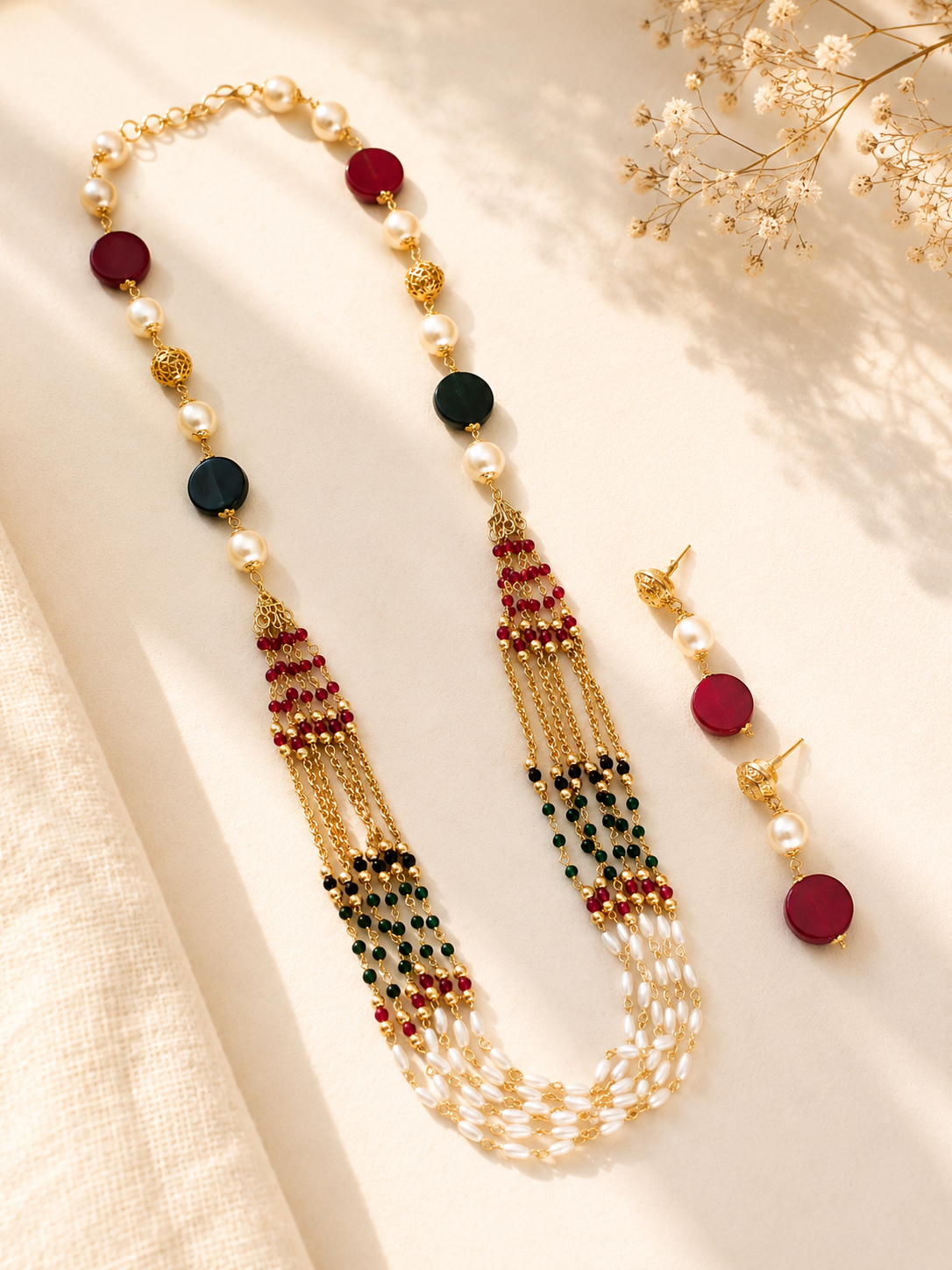Traditional Multicolor Pearl Layered Long Necklace Set - necklace by Abdesigns Jewellery