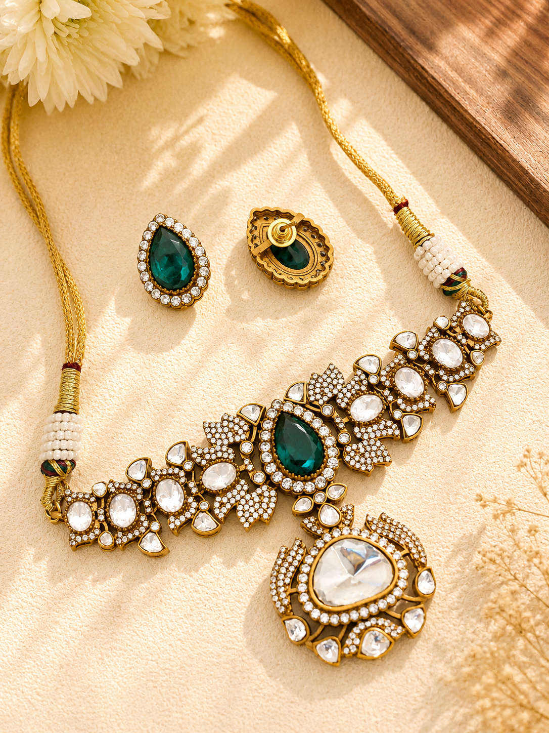 Abdesigns Green Stone Ethnic Elegant Festive Polki Choker Set