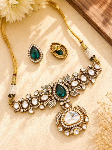 Abdesigns Green Stone Ethnic Elegant Festive Polki Choker Set