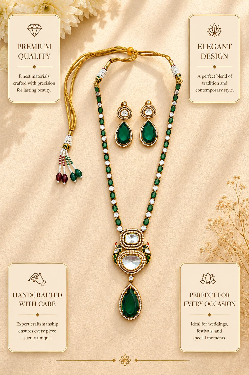 Elegant Emerald Green Pendant Necklace with Earrings - necklace by Abdesigns Jewellery