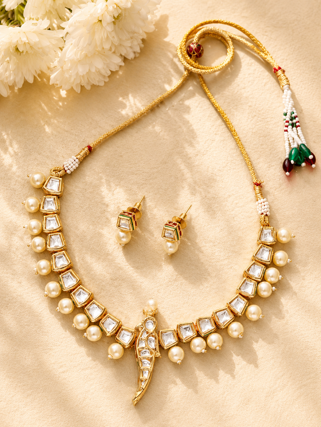 Parrot Bird Kundan Gold Tone Pearl Drop Necklace Set - necklace by Abdesigns Jewellery