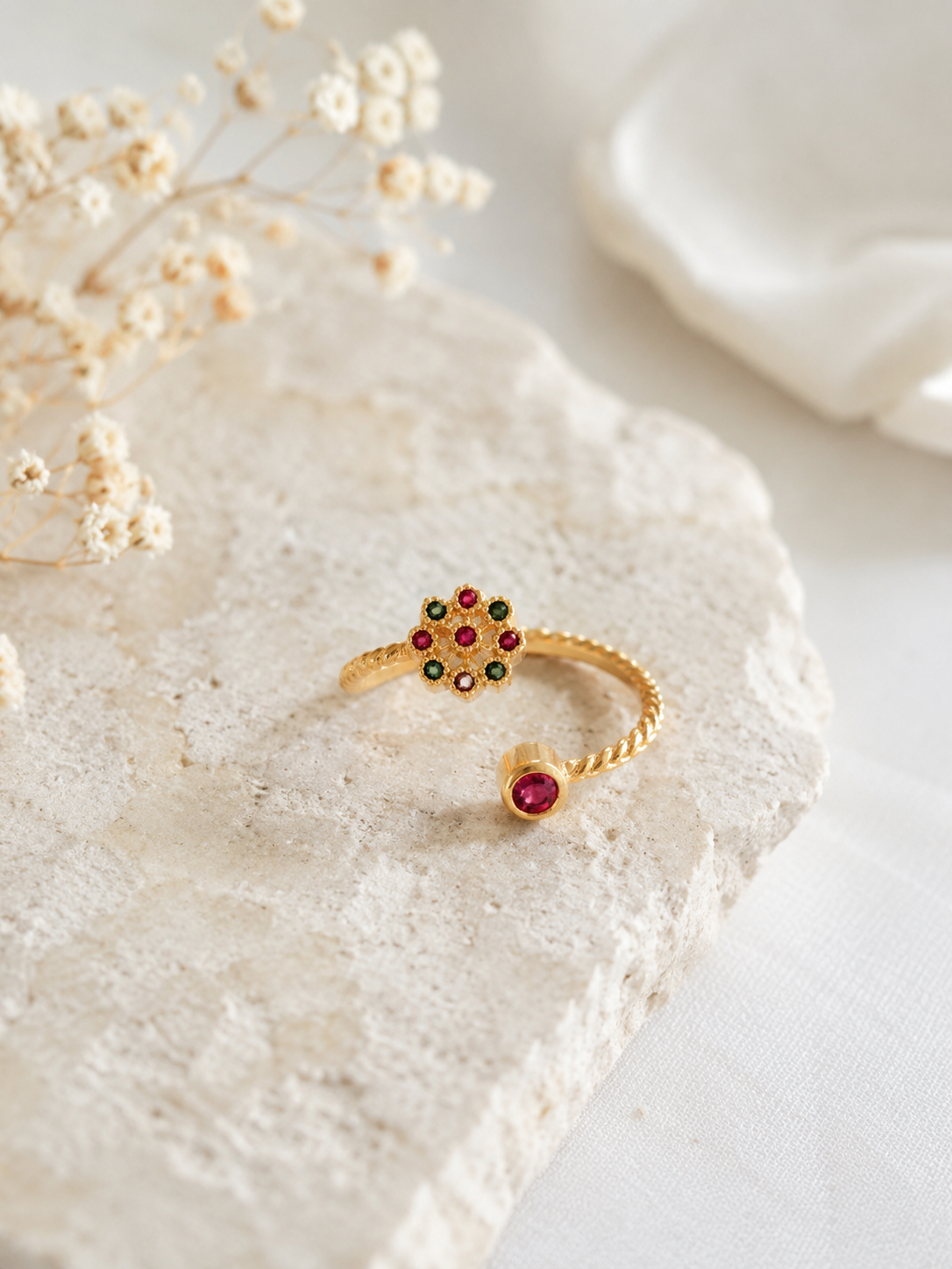 Gold Plated Floral Toe Ring Pair with Multicolor Stones