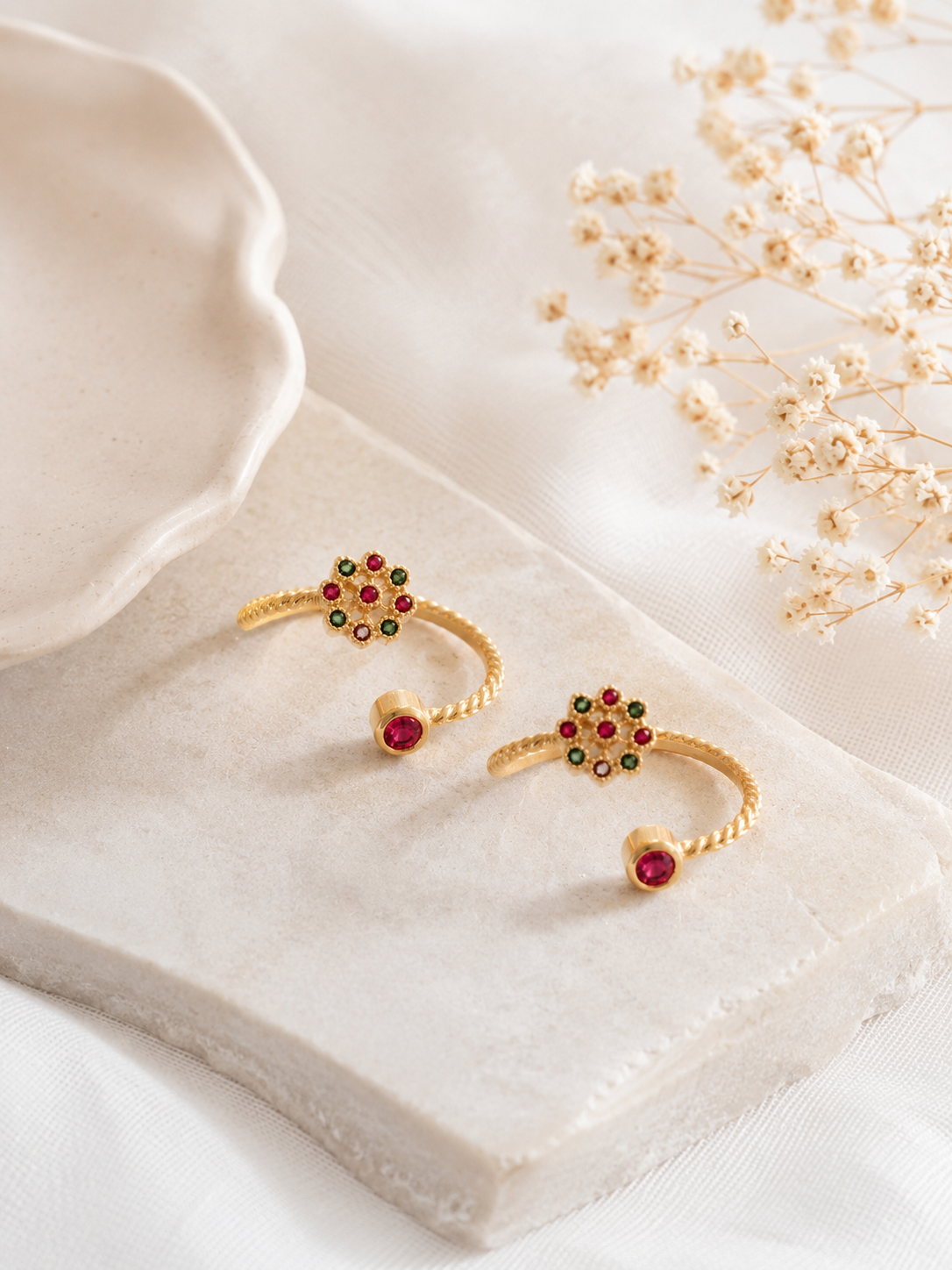 Gold Plated Floral Toe Ring Pair with Multicolor Stones