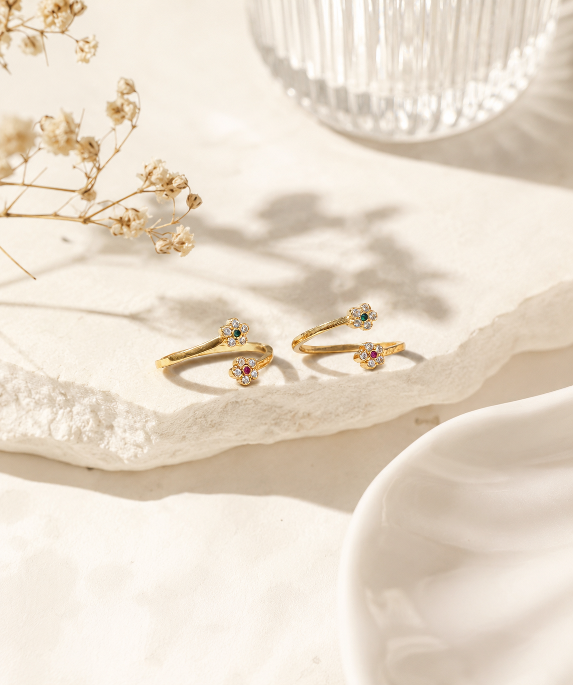 Gold Plated Floral Toe Ring Pair with Multicolor CZ Stones