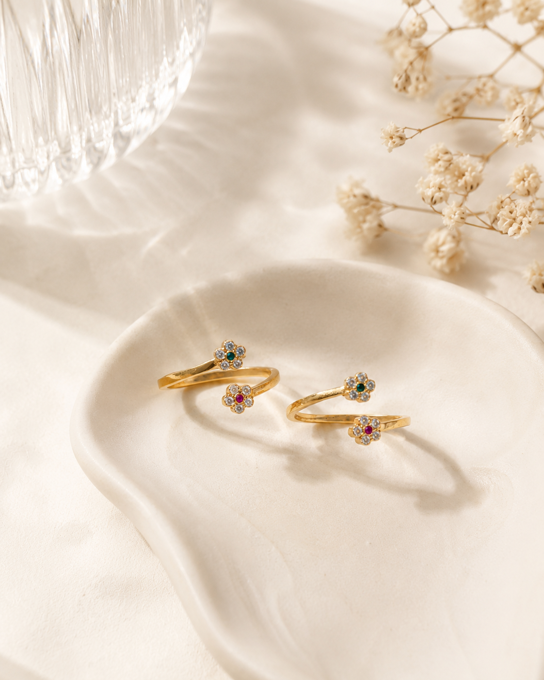 Gold Plated Floral Toe Ring Pair with Multicolor CZ Stones