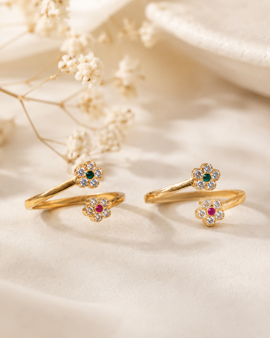 Gold Plated Floral Toe Ring Pair with Multicolor CZ Stones