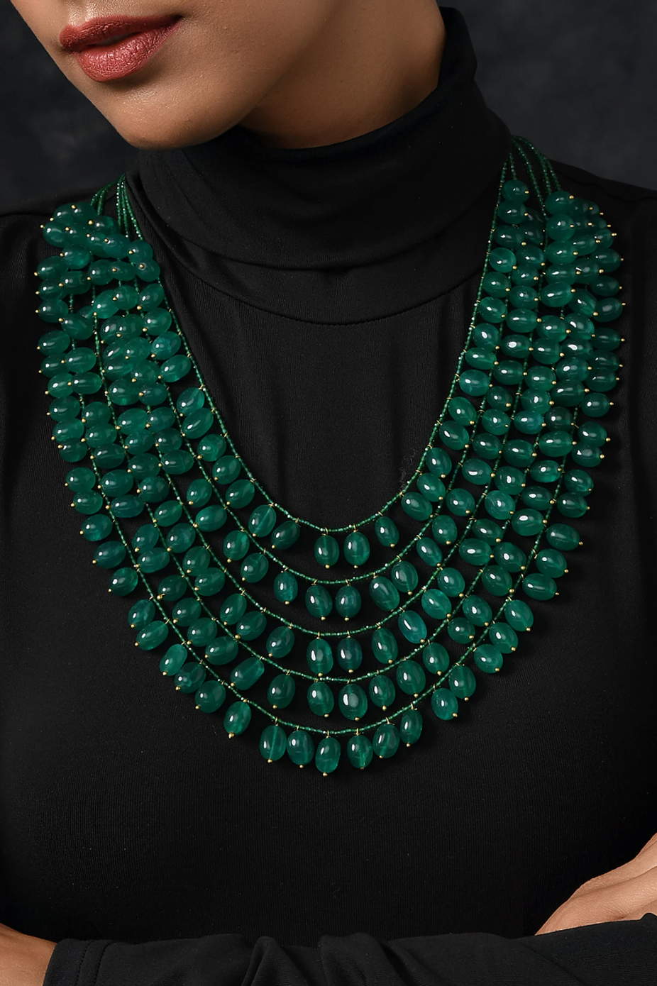 Emerald Beads Green Gold Tone Layered Necklace
