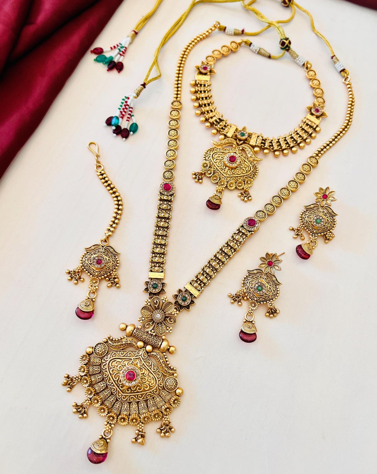 Antique Gold Tone Ruby Stone Bridal Necklace Combo - Abdesignsjewellery