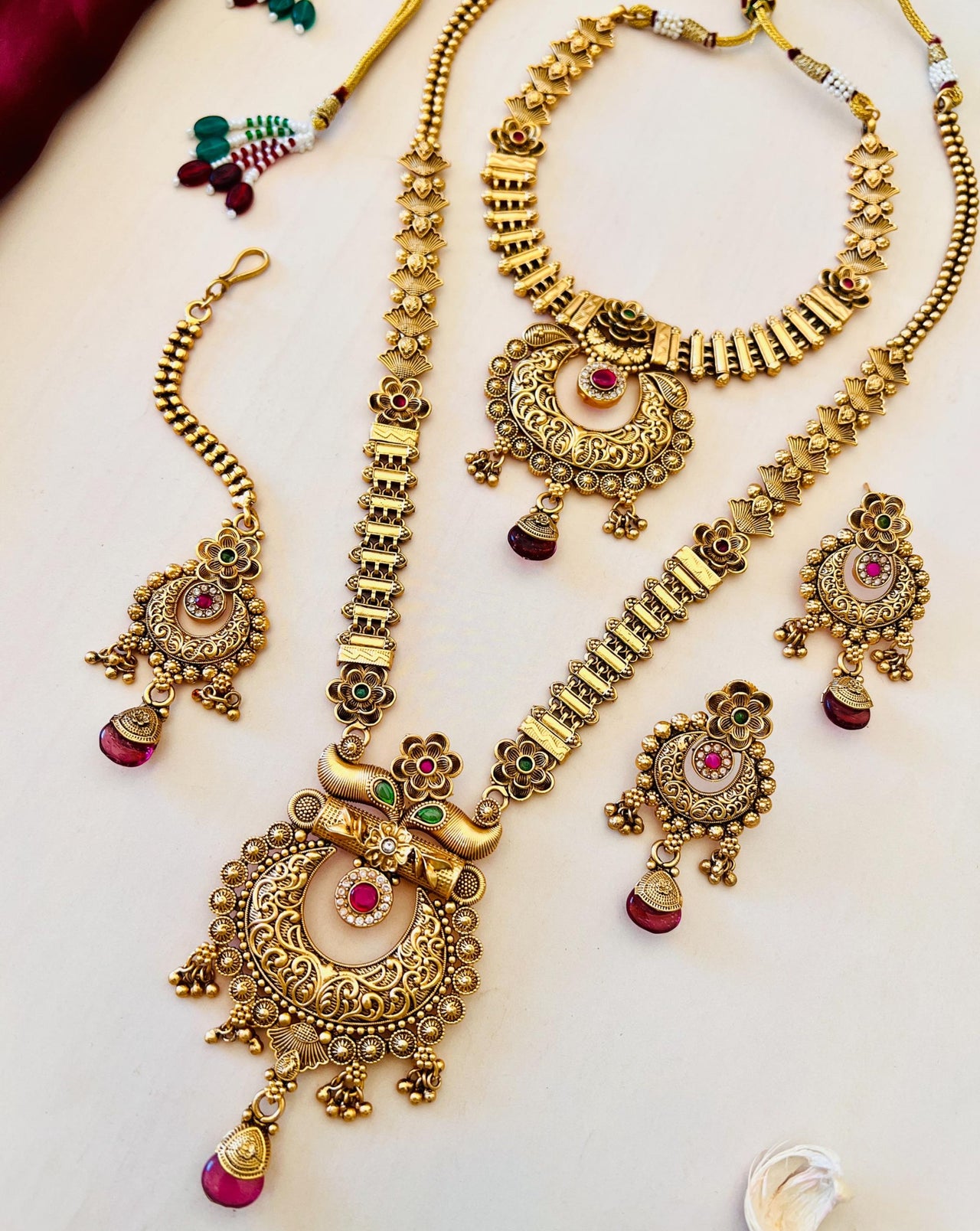 Antique Long Antique Gold Necklace Bridal Combo - Abdesignsjewellery