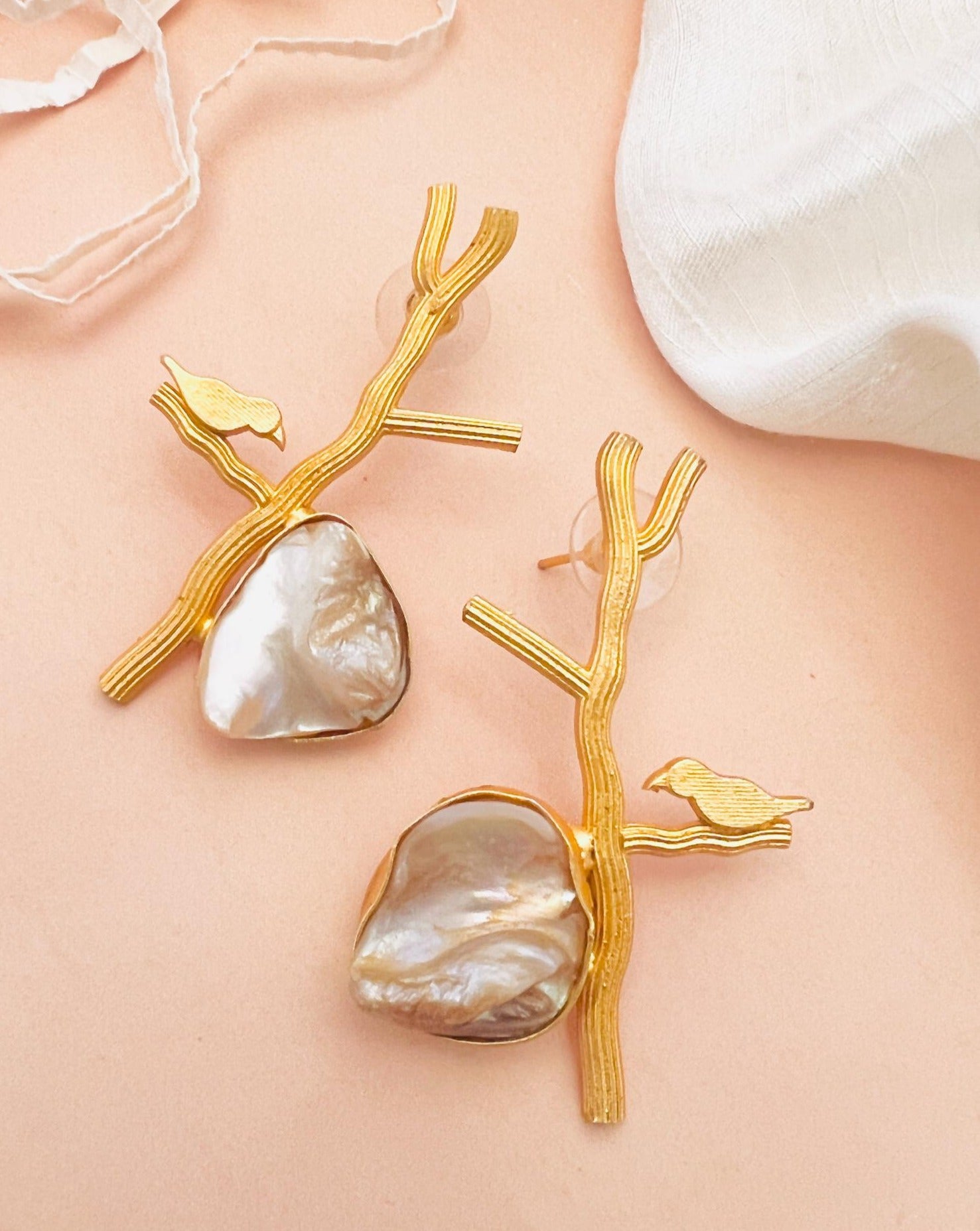 Matt Gold Plated Baroque Pearl Bird Earring