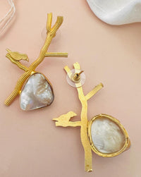 Thumbnail for Matt Gold Plated Baroque Pearl Bird Earring