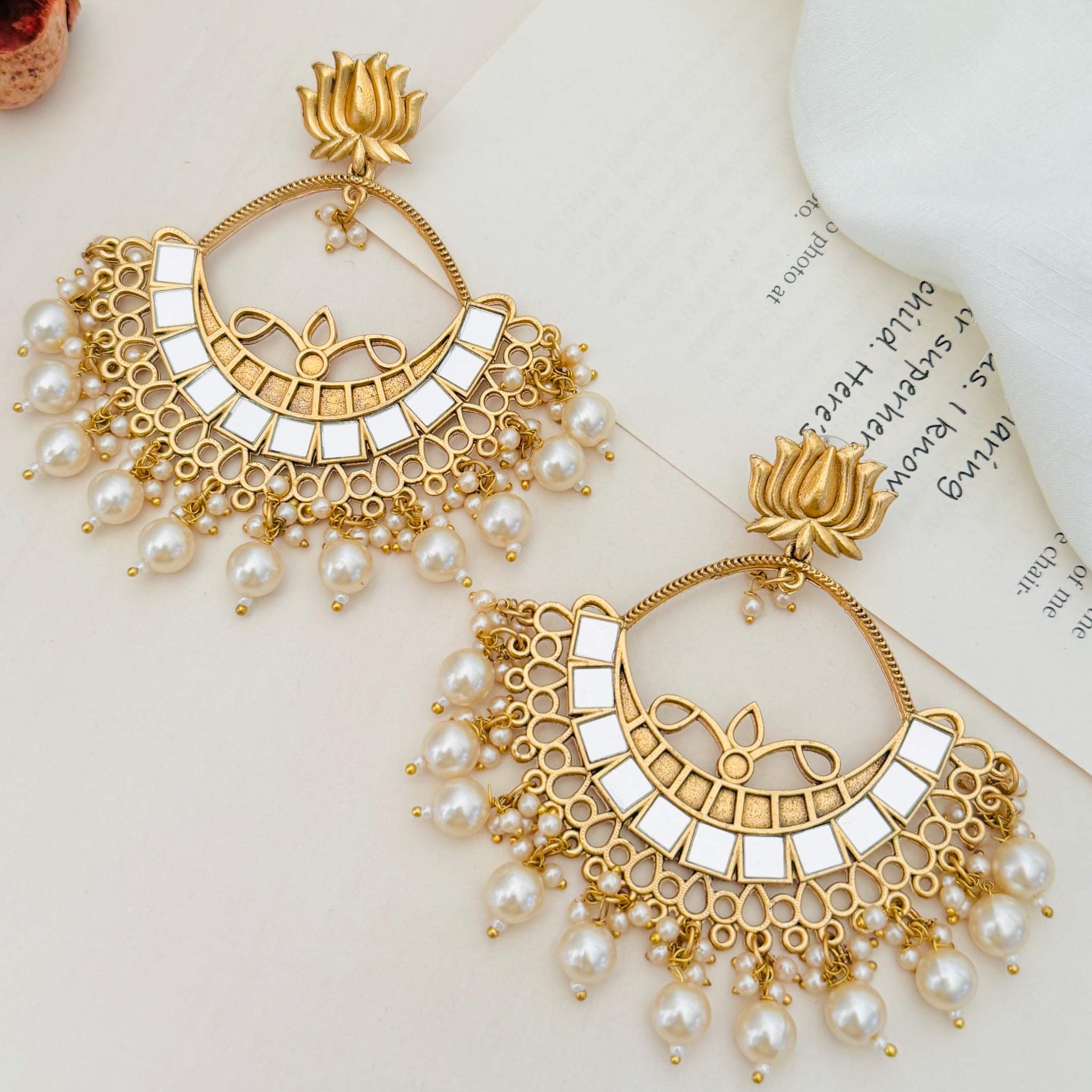 Gold Plated Lotus Mirror Chandbali Earring