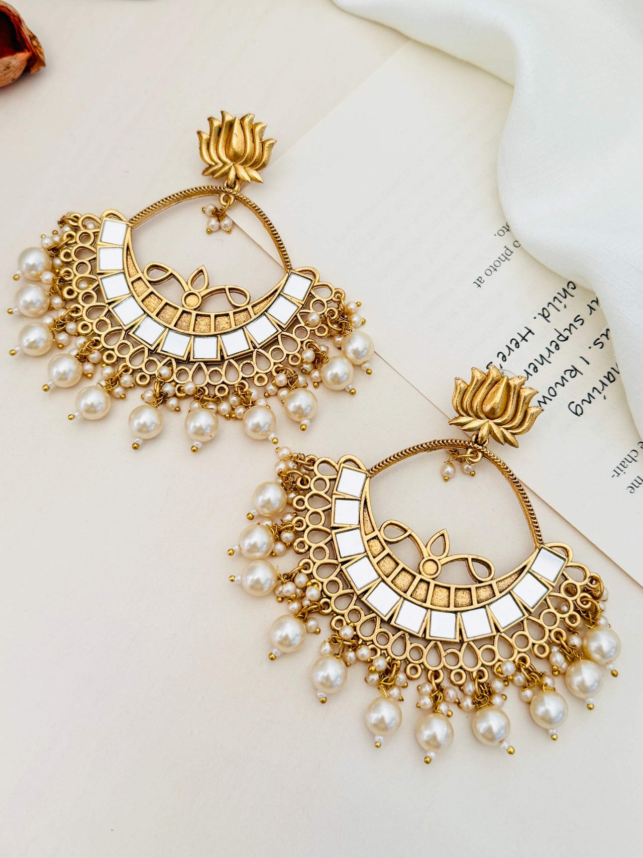 Gold Plated Lotus Mirror Chandbali Earring