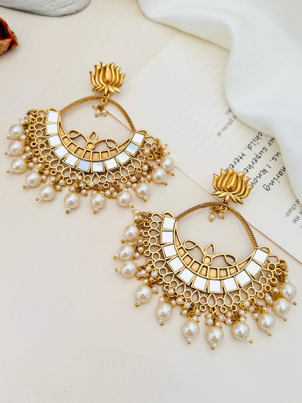 Gold Plated Lotus Mirror Chandbali Earring