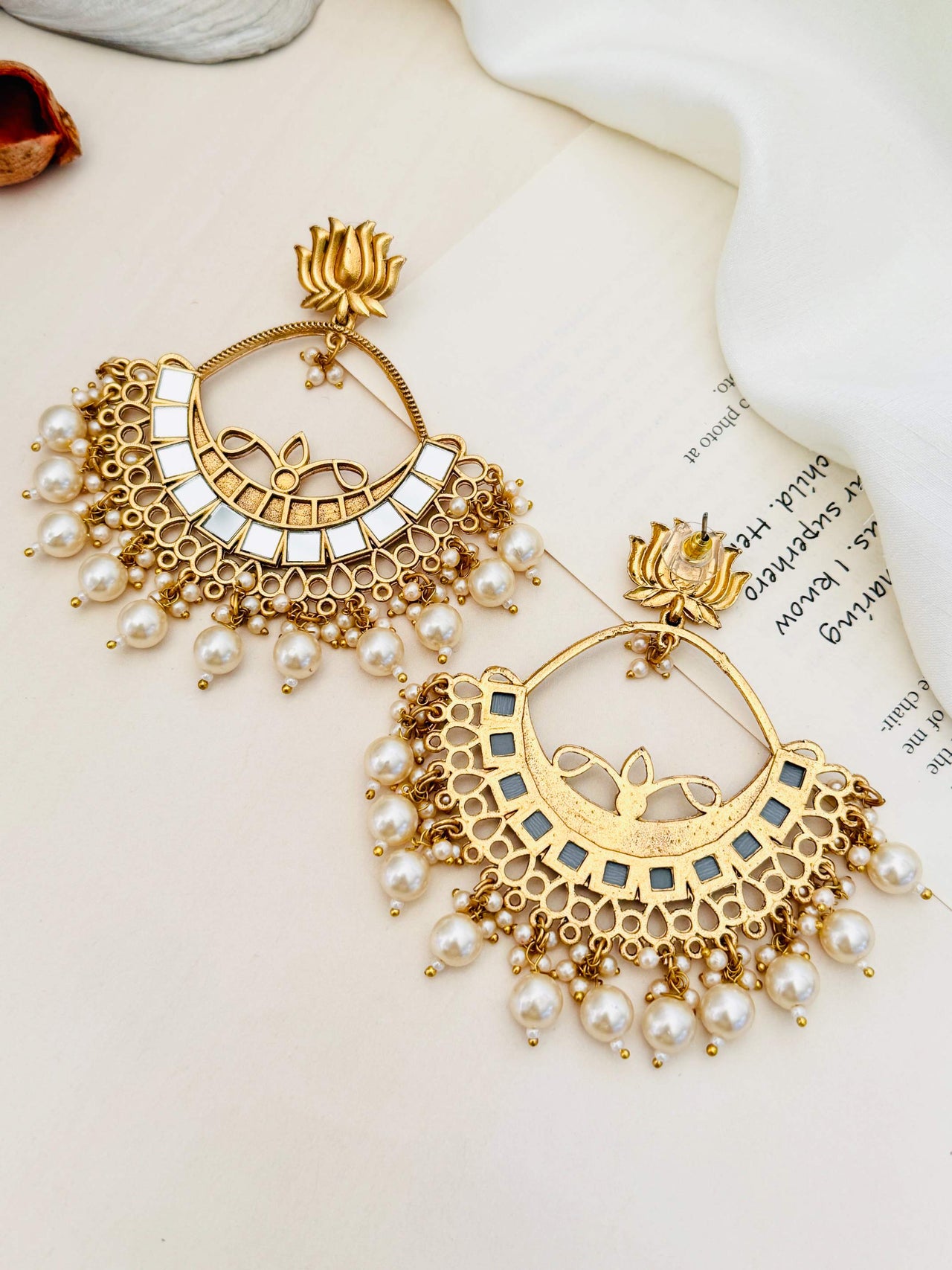 Gold Plated Lotus Mirror Chandbali Earring