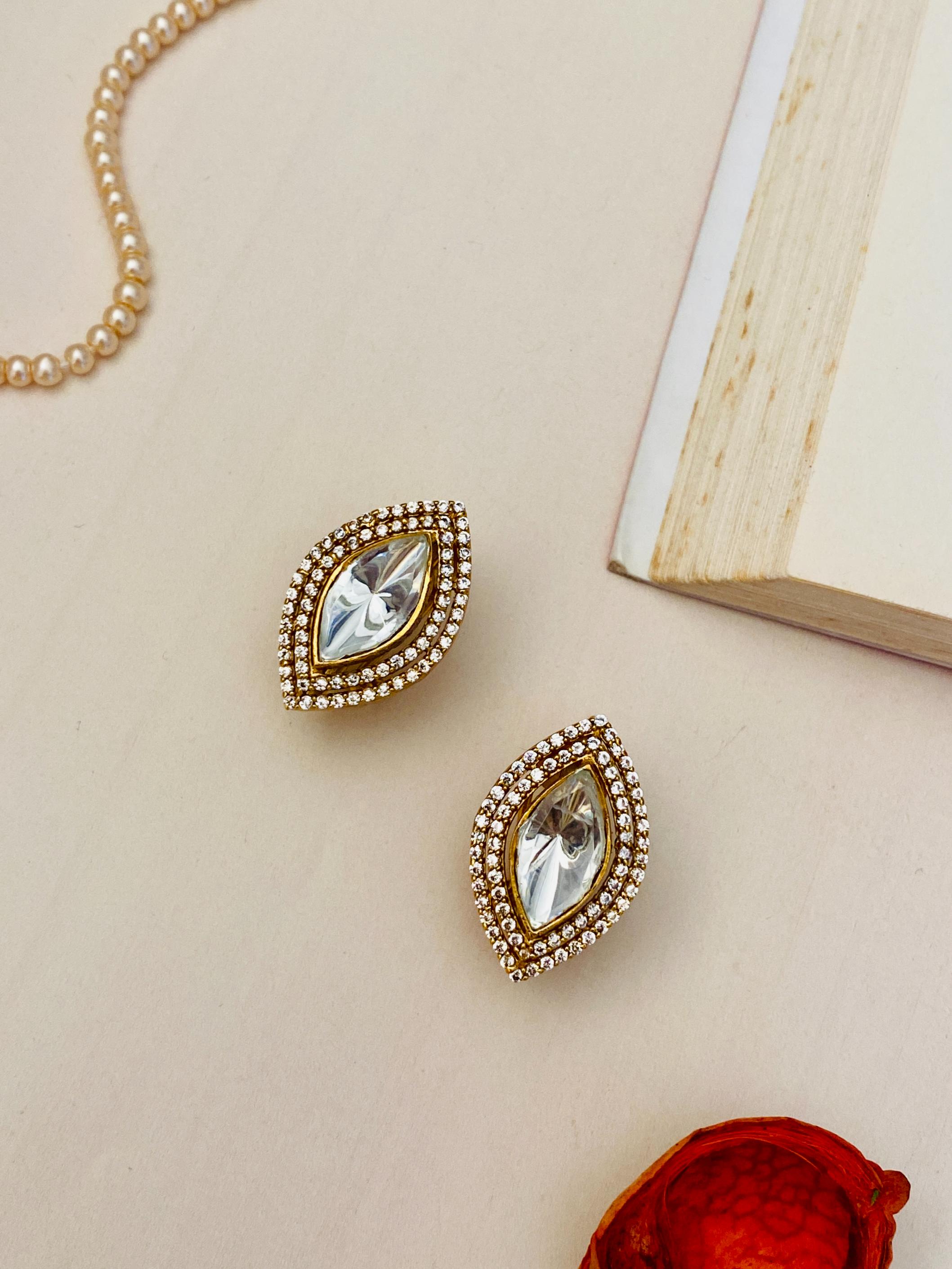 Classic Gold Plated Polki Marquise Earrings - Abdesignsjewellery