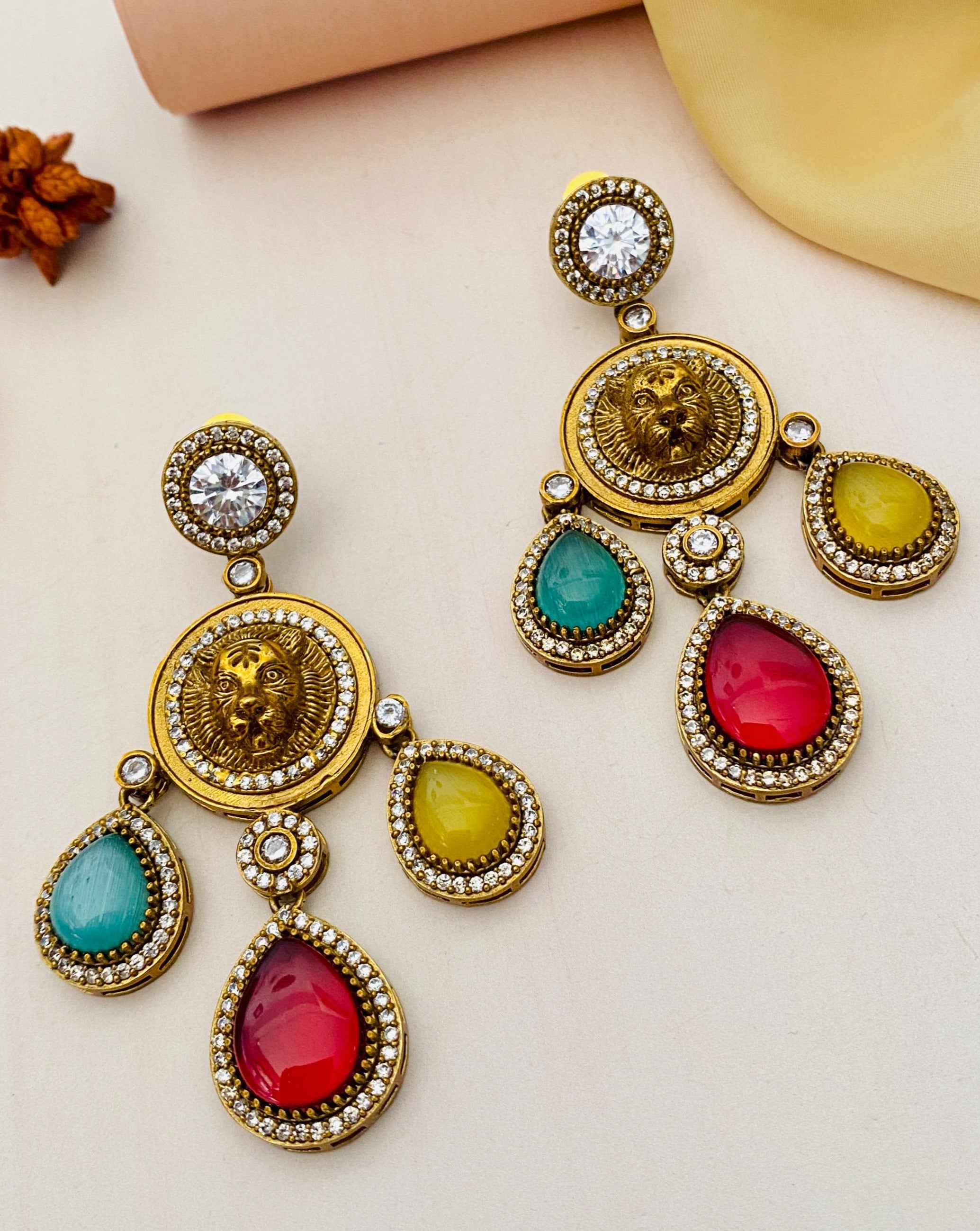 Classic Gold Plated Sabyasachi Inspired Lion Tiger Earrings - Abdesignsjewellery