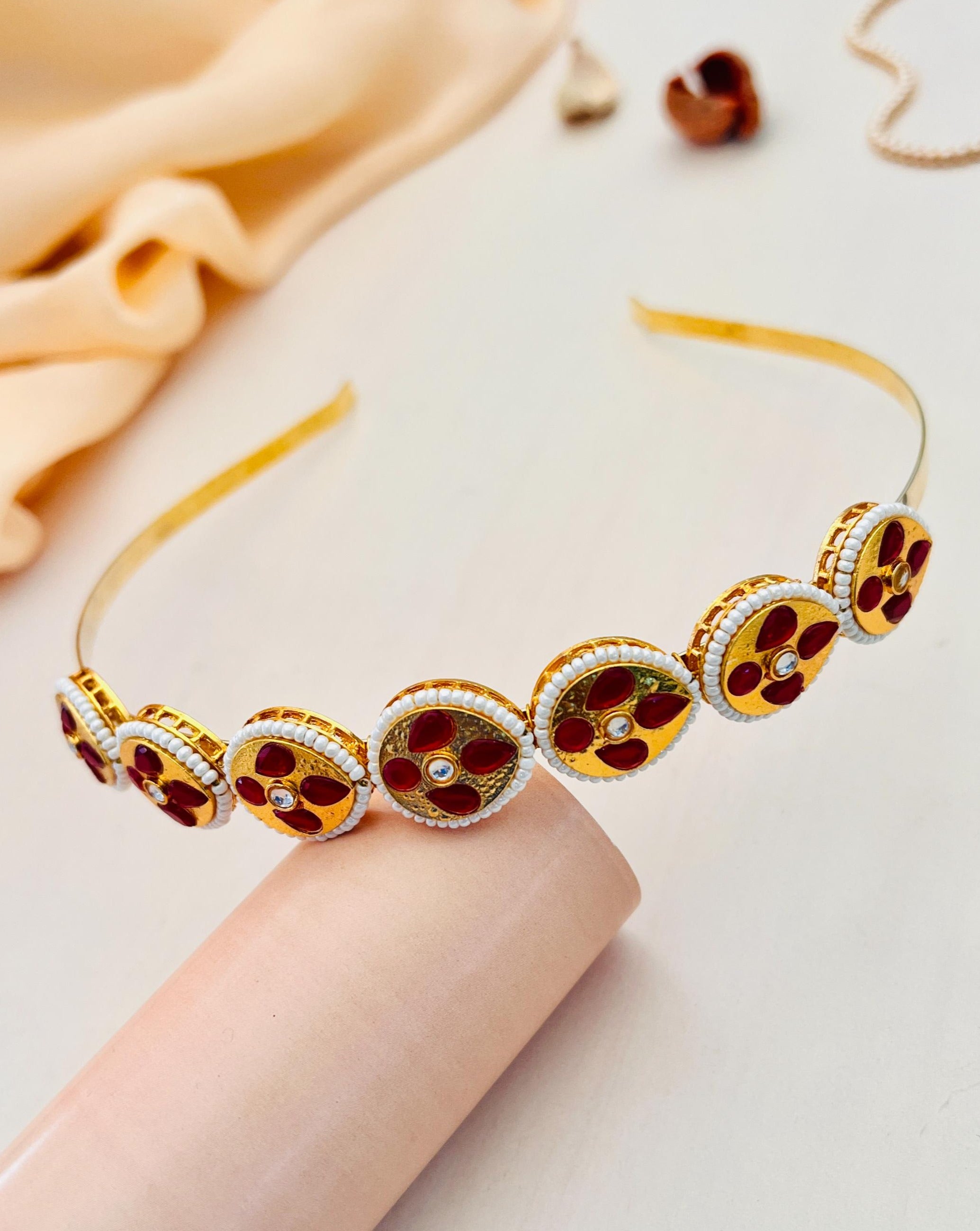 Gold Plated Floral Kundan Mathapatti Sheesh Phool Hairband - Abdesignsjewellery