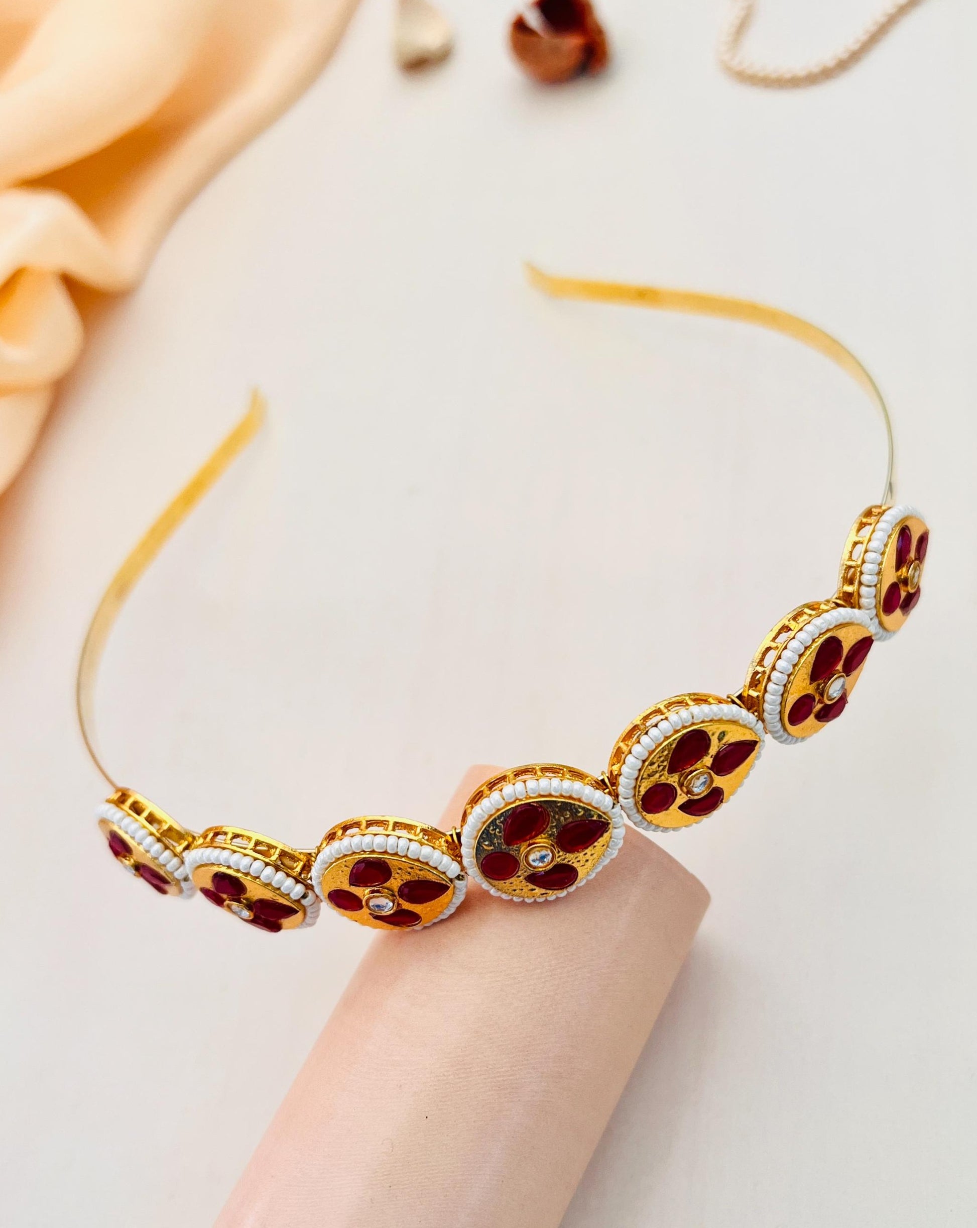 Gold Plated Floral Kundan Mathapatti Sheesh Phool Hairband - Abdesignsjewellery