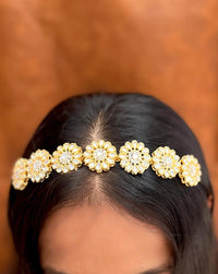 Thumbnail for Beautiful Gold Plated Kundan Mathapatti Sheesh Phool Hairband - Abdesignsjewellery