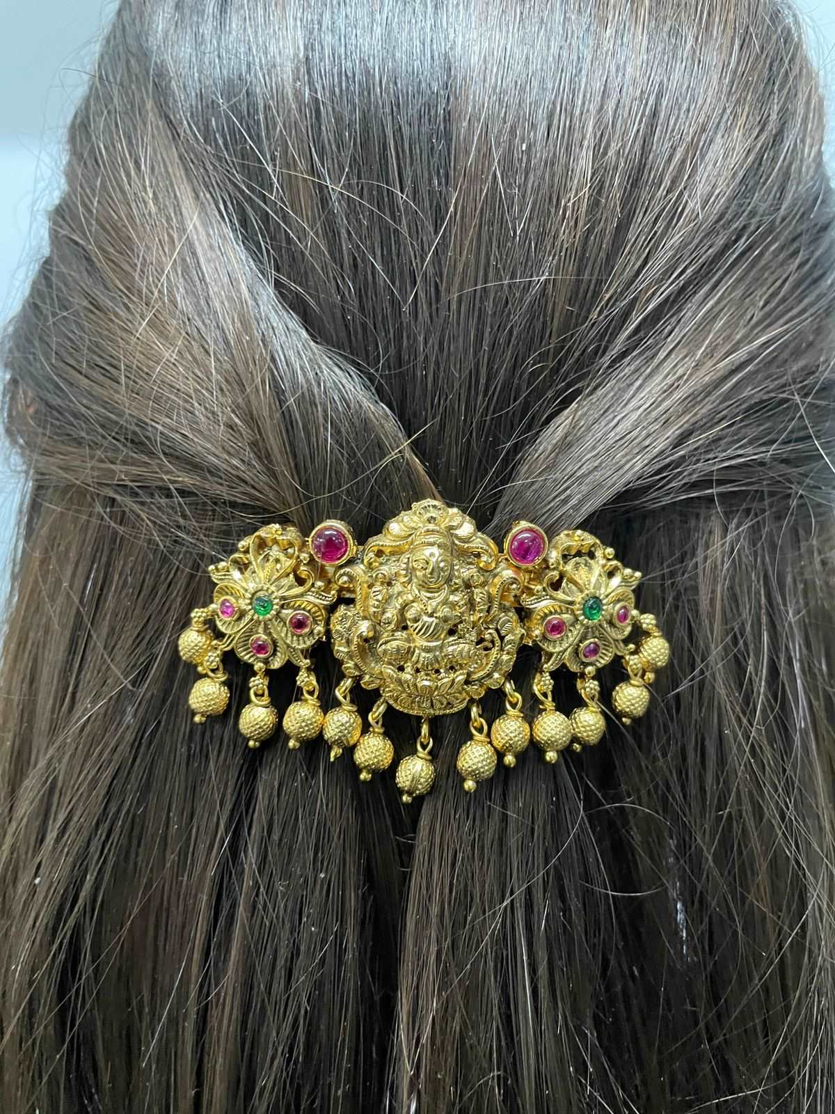 Antique Gold Goddess Laxmi Kemp Stone Hair Clip - Abdesignsjewellery