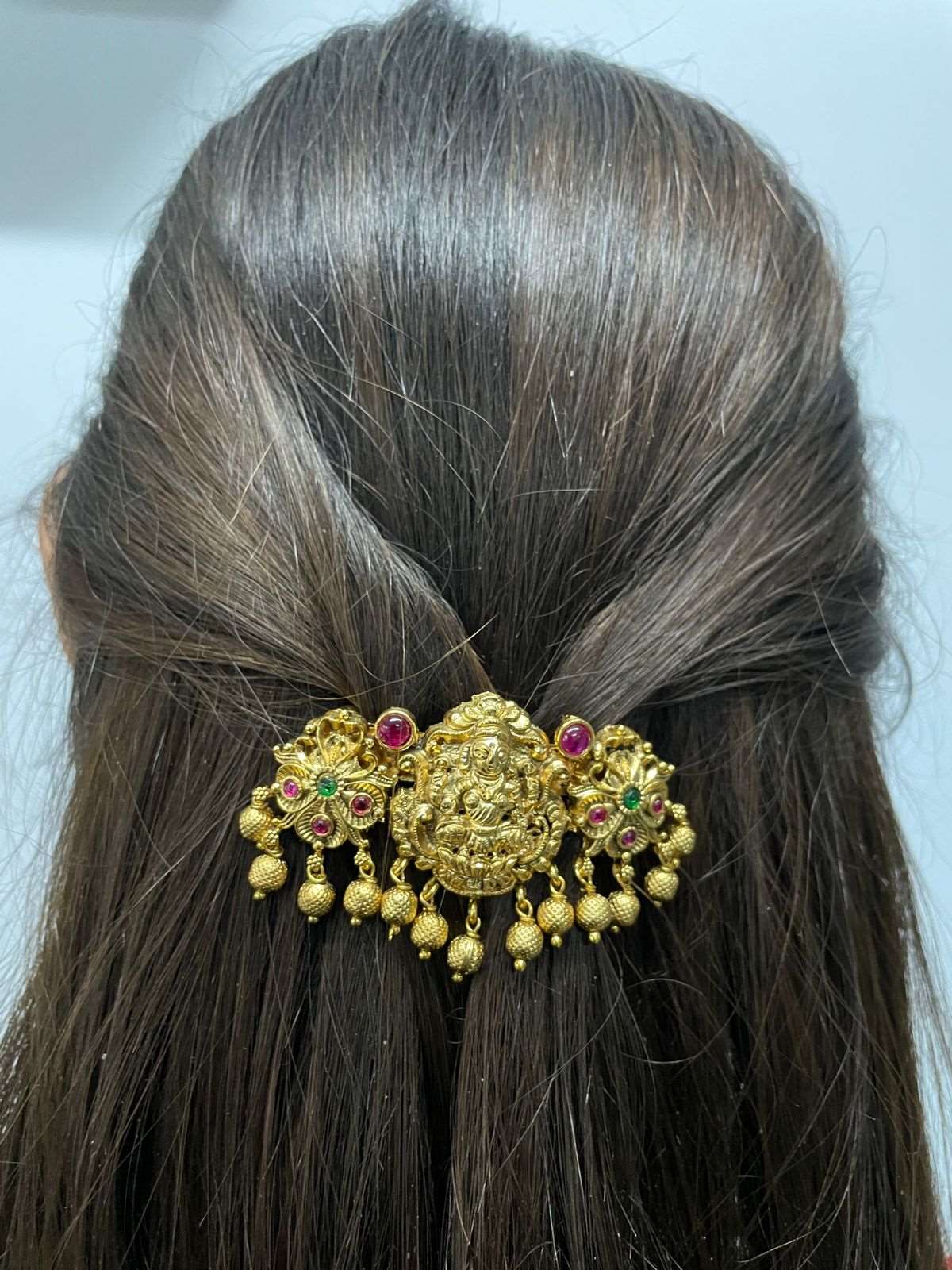 Antique Gold Goddess Laxmi Kemp Stone Hair Clip - Abdesignsjewellery