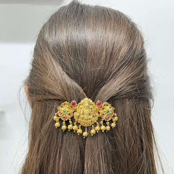 Antique Gold Goddess Laxmi Kemp Stone Hair Clip - Abdesignsjewellery