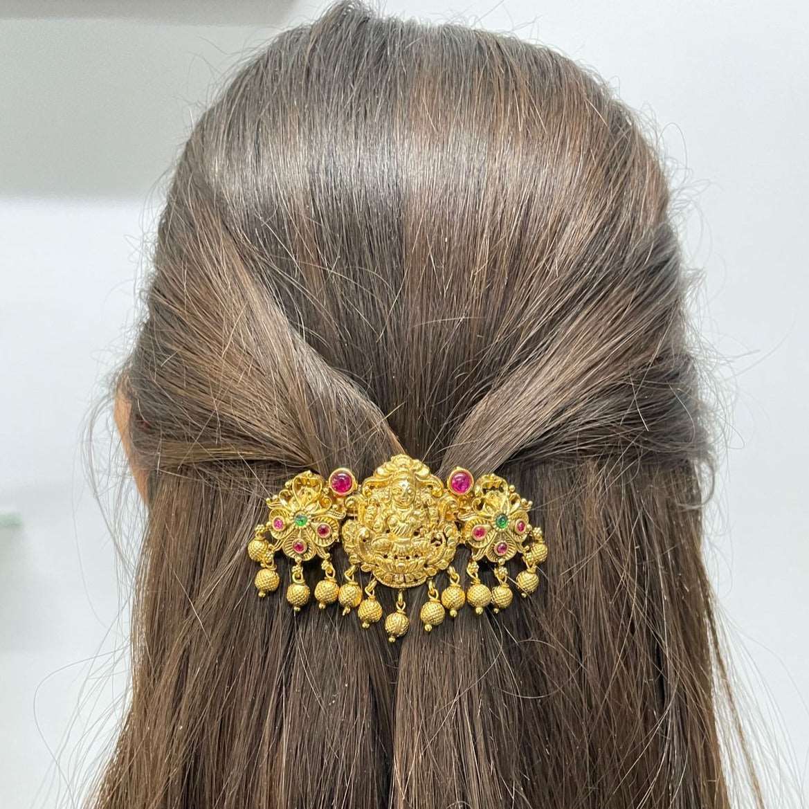 Antique Gold Goddess Laxmi Kemp Stone Hair Clip - Abdesignsjewellery